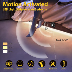 Ruban LED Blanc Chaud avec Detecteur de Mouvement, 6M Dimmable 2700-6500K Bande LED Autocollant Super Lumineuse, Fonction de Min