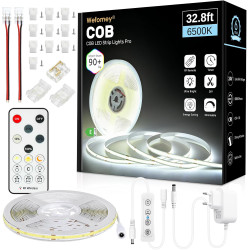 Bande LED COB 10 m, blanc froid 6500 K, 24 V à intensité variable, flexible, avec bloc d'alimentation et télécommande, 8 mm de l