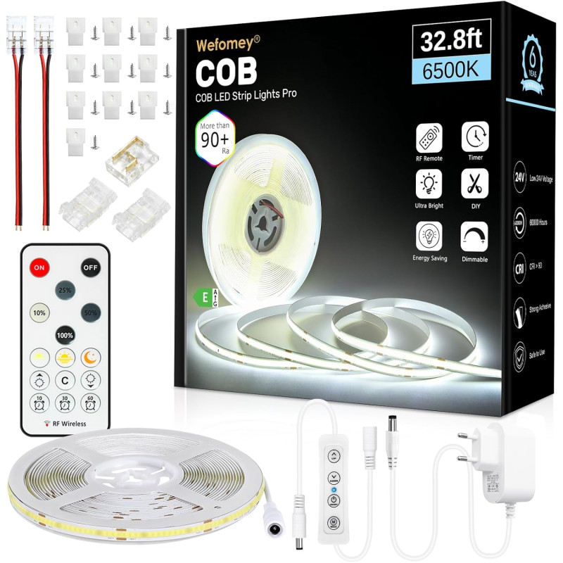 Bande LED COB 10 m, blanc froid 6500 K, 24 V à intensité variable, flexible, avec bloc d'alimentation et télécommande, 8 mm de l