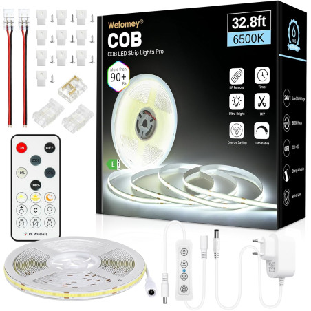 Bande LED COB 10 m, blanc froid 6500 K, 24 V à intensité variable, flexible, avec bloc d'alimentation et télécommande, 8 mm de l