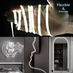 Bande LED COB 10 m, blanc froid 6500 K, 24 V à intensité variable, flexible, avec bloc d'alimentation et télécommande, 8 mm de l