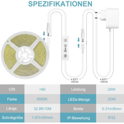 Bande LED COB 10 m, blanc froid 6500 K, 24 V à intensité variable, flexible, avec bloc d'alimentation et télécommande, 8 mm de l