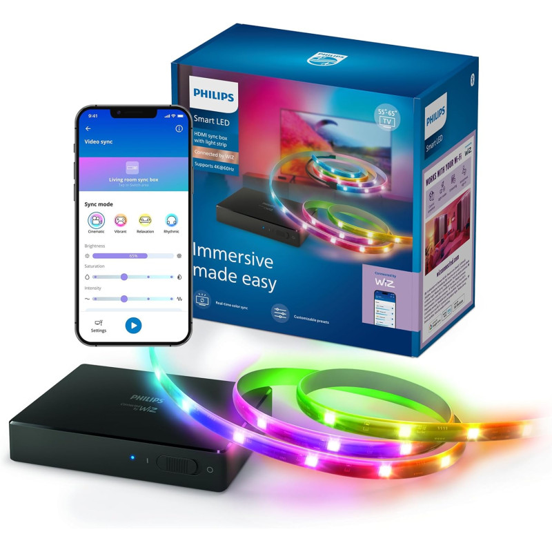 Philips Smart LED Sync Box LED HDMI avec rétroéclairage TV, ruban LED RGBIC pour TV 55-65", synchronisation films, musique, HDMI