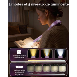 Zivacate Lampe de Lecture de Cou Rechargeable, 3 Températures & 5 Niveaux Réglables, Mains Libres, Minuterie 30/60 Min, Gradatio