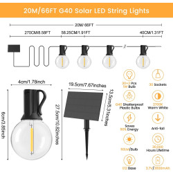 Guirlande lumineuse solaire d'extérieur G40 20 m USB ou solaire à double charge 24 V avec télécommande, minuteur, 30 ampoules in