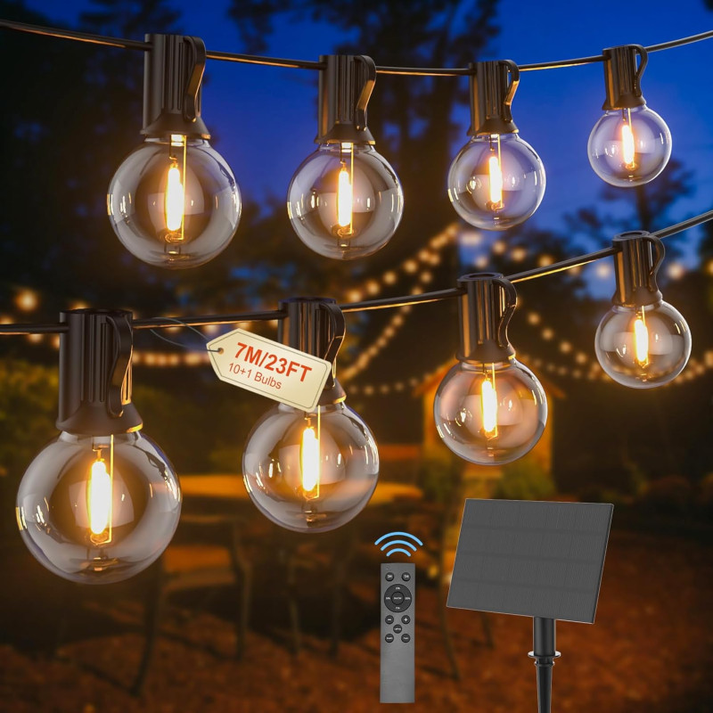 Guirlande lumineuse solaire d'extérieur G40 7 m USB ou solaire à double charge 24 V avec télécommande, minuteur à intensité vari