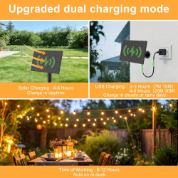 Guirlande lumineuse solaire d'extérieur G40 10 m USB ou solaire double charge 24 V avec télécommande à intensité variable, minut
