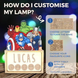 WONDEE Lampe Marvel Les Vengeurs Personnalisable avec Lettres et Dessins, Veilleuse Enfant et Bebe Personnalisée Iron Man, Hulk,
