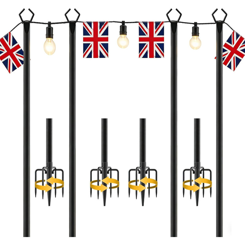 Lot de 4 poteaux lumineux de 3 m avec crochet en métal pour éclairage extérieur, fête, terrasse, jardin, jardin, jardin, mariage