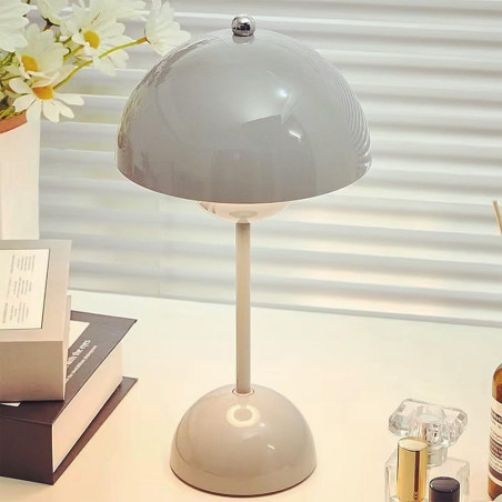 TRIXES Lampe de table champignon gris rechargeable – Lampe de table sans fil à intensité variable, 3 couleurs de lumière LED rég
