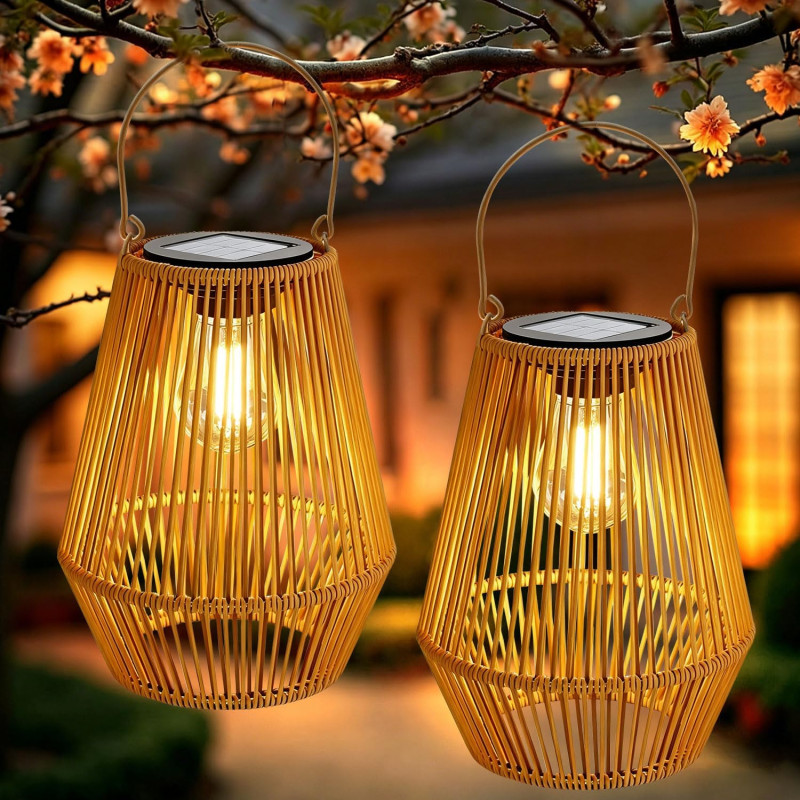Lot de 2 lanternes solaires pour extérieur, lampes solaires de jardin à suspendre, lanterne tressée en fibre naturelle, lampes s