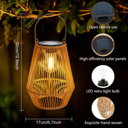Lot de 2 lanternes solaires pour extérieur, lampes solaires de jardin à suspendre, lanterne tressée en fibre naturelle, lampes s