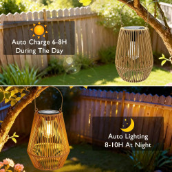 Lot de 2 lanternes solaires pour extérieur, lampes solaires de jardin à suspendre, lanterne tressée en fibre naturelle, lampes s