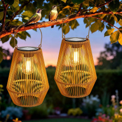 Lot de 2 lanternes solaires pour extérieur, lampes solaires de jardin à suspendre, lanterne tressée en fibre naturelle, lampes s
