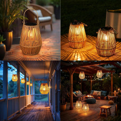 Lot de 2 lanternes solaires pour extérieur, lampes solaires de jardin à suspendre, lanterne tressée en fibre naturelle, lampes s