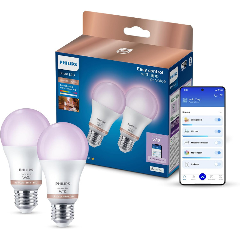 Philips Smart Lighting, Ampoule Connectée LED RGB A60, Pack 2, Culot E27, 1521 lm, Lumière Couleur et Blanc Réglable 2200-6500 K