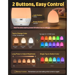 Veilleuse en forme d'œuf pour bébé – Lampe de chevet rechargeable 2600 mAh avec 3 températures de couleur + 12 couleurs RVB, int