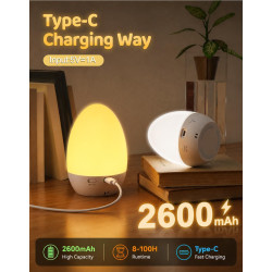 Veilleuse en forme d'œuf pour bébé – Lampe de chevet rechargeable 2600 mAh avec 3 températures de couleur + 12 couleurs RVB, int