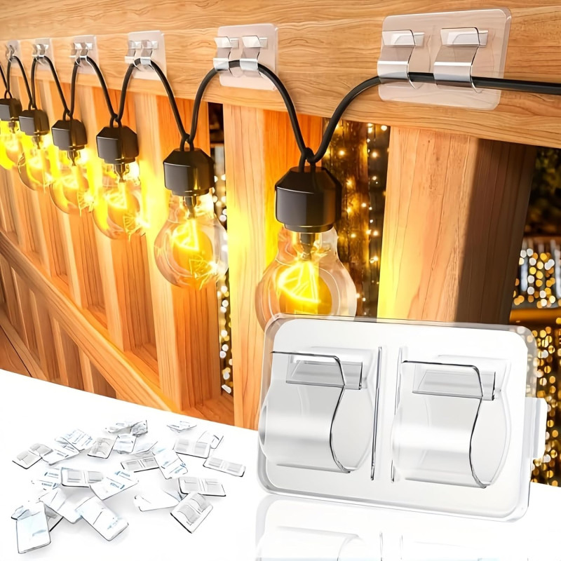 Lot de 25 crochets pour guirlande lumineuse d'extérieur, clips adhésifs transparents, résistants et sans dommages, adhésif étanc