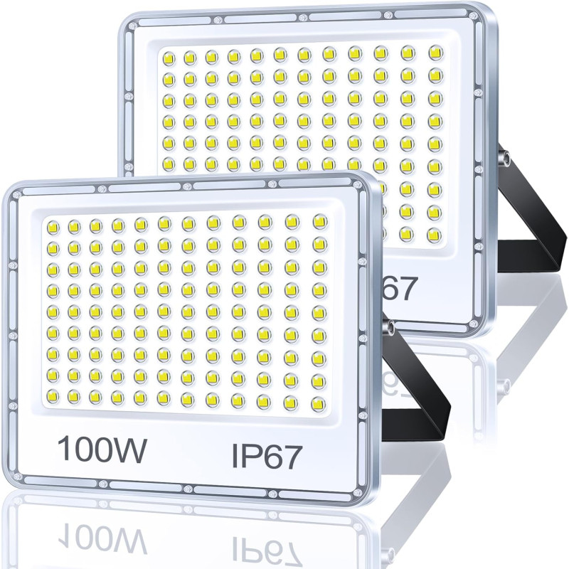 Projecteur LED Extérieur 100W 2 Pièce, 10000LM Spot LED Exterieur | 6500K Blanc Froid Brillant Projecteur Exterieur, IP67 Étanch