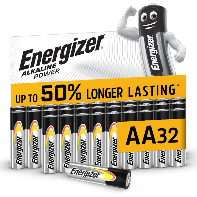 Energizer Alkaline Power Piles AA (Lot de 32) - Mignon LR6 Alcaline 1,5 V - Énergie Longue durée - Idéales pour Les appareils du