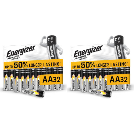 Energizer Alkaline Power Piles AA (Lot de 64) - Mignon LR6 Alcaline 1,5 V - Énergie Longue durée - Idéales pour Les appareils du