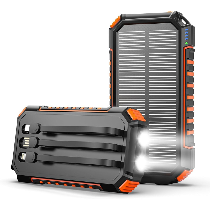 Batterie Externe Solaire 20000mAh - Chargeur Rapide 15W Chargeur Portable avec 3 Câbles Intégrés, Chargeur Solaire avec 5 Sortie