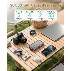 Batterie Externe Solaire 20000mAh - Chargeur Rapide 15W Chargeur Portable avec 3 Câbles Intégrés, Chargeur Solaire avec 5 Sortie