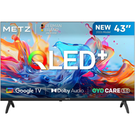 Metz 43 pouces (108 cm) smart tv fhd google television led, gen 6 qled +, hdr 10 dolby audio bleutooth 5,1 eyecare tuner dvb-t/t