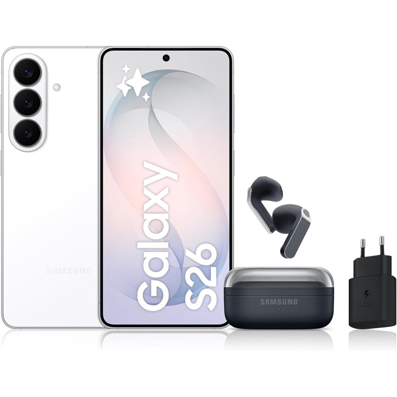 Samsung Galaxy S26, avec Galaxy AI, 256 Go, Blanc Galaxy Buds4, Noir, Chargeurs secteurs Rapides 25W Inclus, Version FR