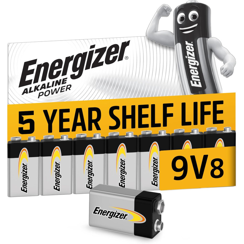 Energizer Alkaline Power Pile 9V (Lot de 8) - Alcaline Neuf Volts - Énergie Longue durée - pour Les Détecteurs de Fumée et Les R