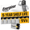Energizer Alkaline Power Pile 9V (Lot de 8) - Alcaline Neuf Volts - Énergie Longue durée - pour Les Détecteurs de Fumée et Les R