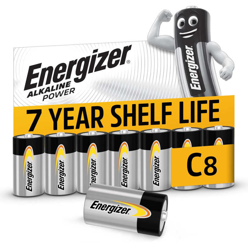 Energizer Alkaline Power Pile C (Lot de 8) - Alcaline - Énergie Longue durée - pour Lampes de Poche et Jouets - Emballage 100% R