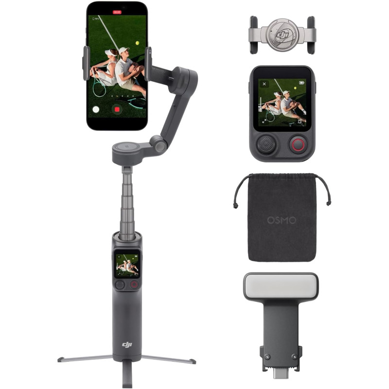 DJI Osmo Mobile 8P Bundle Standard+Lumière d’appoint, Nacelle stabilisatrice pour iPhone&Android, Radiocommande, Rotation panora