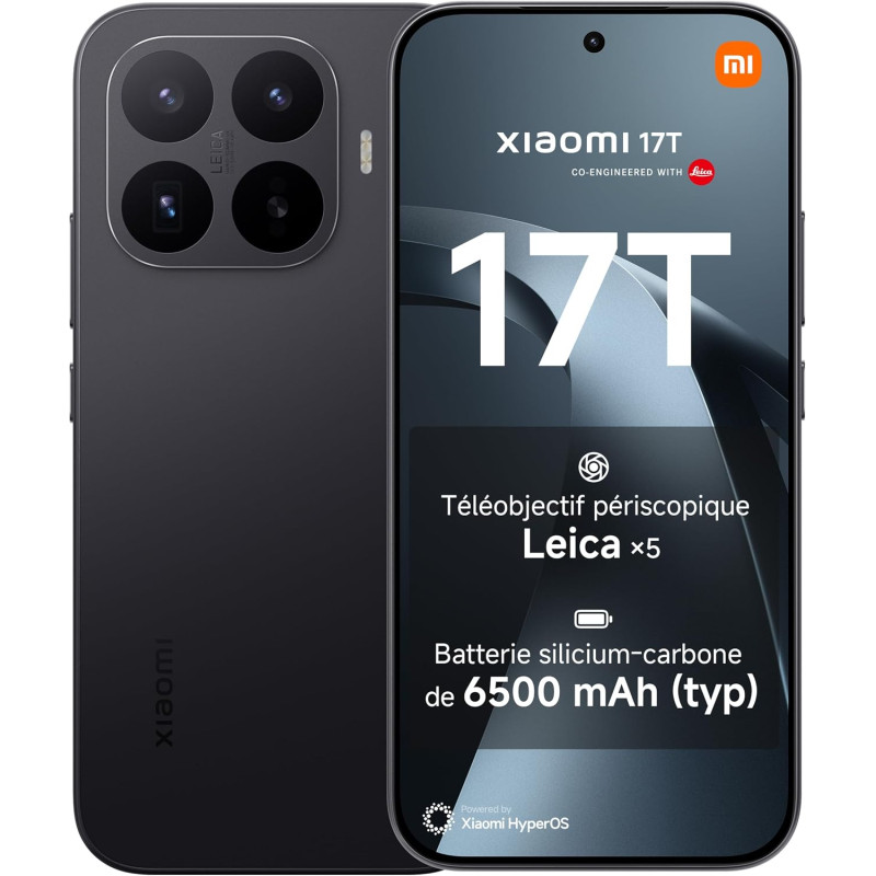 XIAOMI 17T Smartphone 12+256 Go Téléobjectif Leica x5 - Noir | Écran 6,59 pouces 120Hz, batterie 6500mAh, 5G, MediaTek Dimensity