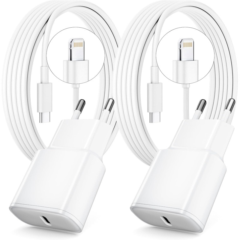 Chargeur Rapide pour iPhone, Lot de 2 PD 3.0 Prise USB C avec 2M Cable Lightning for iPhone 14/14Pro/13/13 Mini/13 Pro/13Pro Max