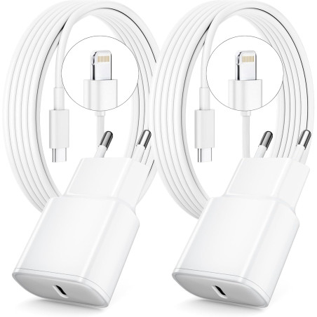 Chargeur Rapide pour iPhone, Lot de 2 PD 3.0 Prise USB C avec 2M Cable Lightning for iPhone 14/14Pro/13/13 Mini/13 Pro/13Pro Max