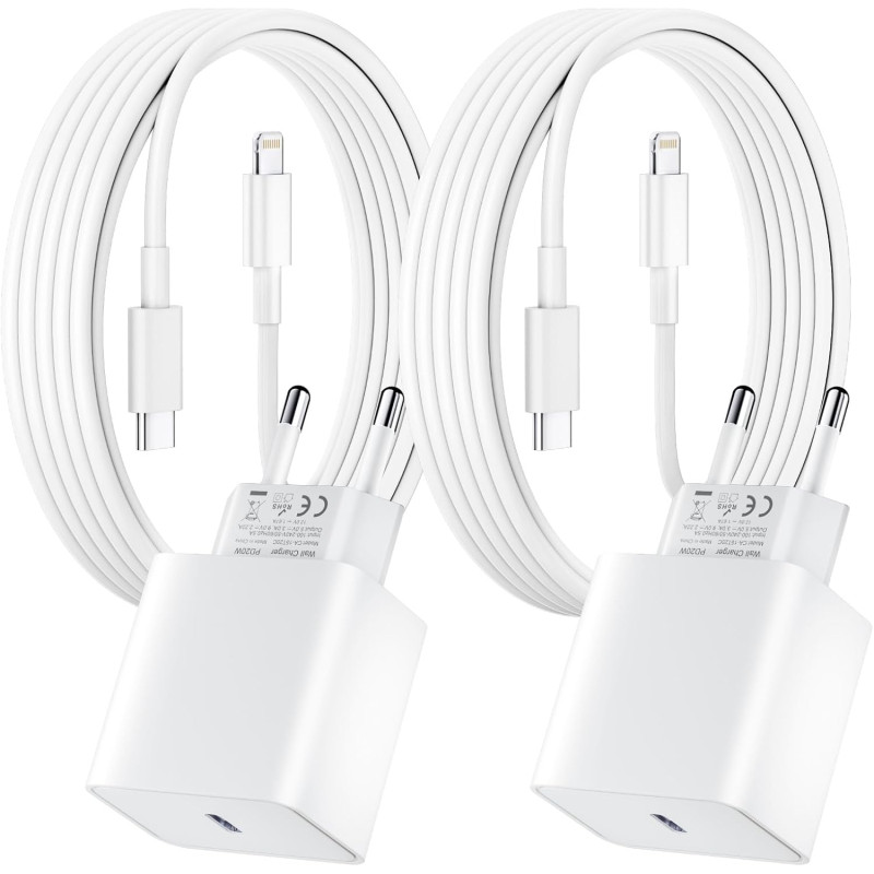 Lot de 2 pour Chargeur Rapide iPhone, PD USB-C Prise Secteur avec 2m Câble USB C vers Lightning pour iPhone 14/14 pro/13/13 Pro/