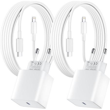 Lot de 2 pour Chargeur Rapide iPhone, PD USB-C Prise Secteur avec 2m Câble USB C vers Lightning pour iPhone 14/14 pro/13/13 Pro/