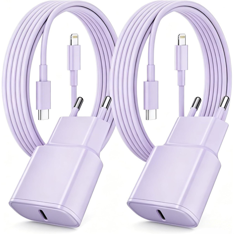 Chargeur Rapide pour iPhone, Lot de 2 PD 3.0 Prise USB C avec 2M Cable Lightning for iPhone 14/14Pro/13/13 Mini/13 Pro/13Pro Max