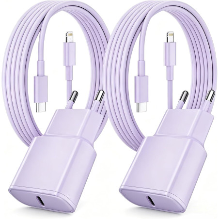 Chargeur Rapide pour iPhone, Lot de 2 PD 3.0 Prise USB C avec 2M Cable Lightning for iPhone 14/14Pro/13/13 Mini/13 Pro/13Pro Max