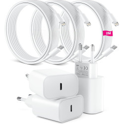 Lot de 3 pour Chargeur Rapide iPhone, PD USB-C Prise Secteur avec 2m Câble USB C vers Lightning pour iPhone 14/14 pro/13/13 Pro/