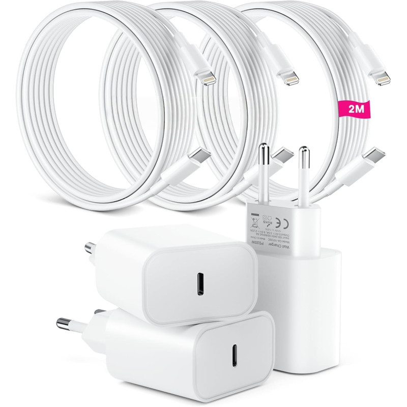 Lot de 3 pour Chargeur Rapide iPhone, PD USB-C Prise Secteur avec 2m Câble USB C vers Lightning pour iPhone 14/14 pro/13/13 Pro/