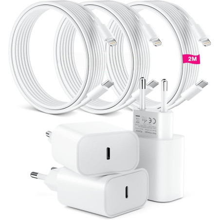 Lot de 3 pour Chargeur Rapide iPhone, PD USB-C Prise Secteur avec 2m Câble USB C vers Lightning pour iPhone 14/14 pro/13/13 Pro/