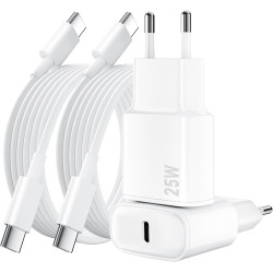 Lot de 2 pour Chargeur Rapide iPhone, 25W PD USB-C Prise Secteur avec 2m Câble (iPhone 15 25W)