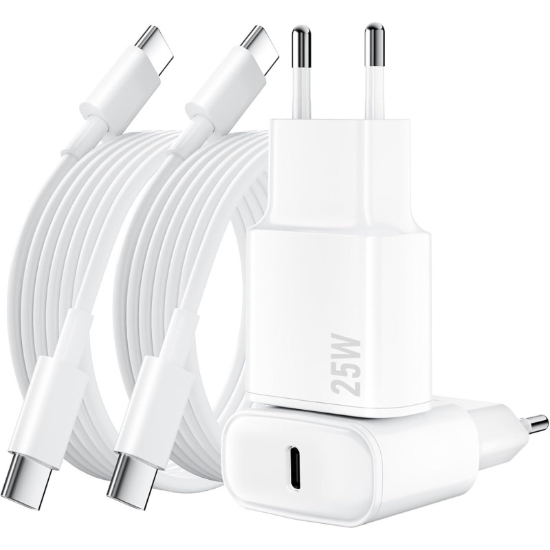 Lot de 2 pour Chargeur Rapide iPhone, 25W PD USB-C Prise Secteur avec 2m Câble (iPhone 15 25W)
