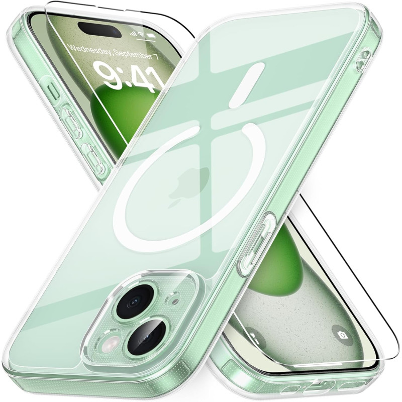 Vansdon Magnétique Coque pour iPhone 15 avec 1 Verre Trempé, Compatible avec MagSafe, Protection Contre Les Chutes de qualité Mi