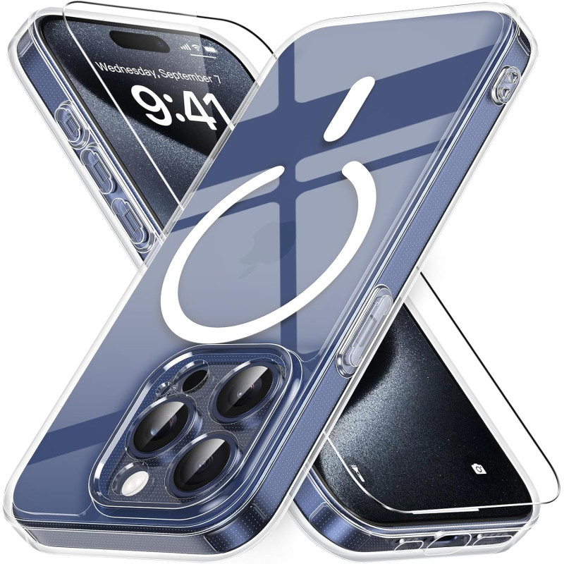 Vansdon Magnétique Coque pour iPhone 15 Pro Max avec 1 Verre Trempé, Compatible avec MagSafe, Protection Contre Les Chutes de qu