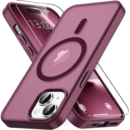 Coque Vansdon Magnétique pour iPhone 15, 1 Verre Trempé, Compatible MagSafe, Protection Militaire, Coque Mat Translucide Fine An