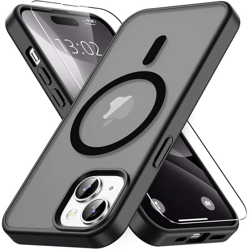 Coque Vansdon Magnétique pour iPhone 15, 1 Verre Trempé, Compatible MagSafe, Protection Militaire, Coque Mat Translucide Fine An